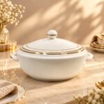 Ceramic Donga with Lid, 2000 ml with Gold Line work, Single Piece, Plain White with Gold Line Work on body