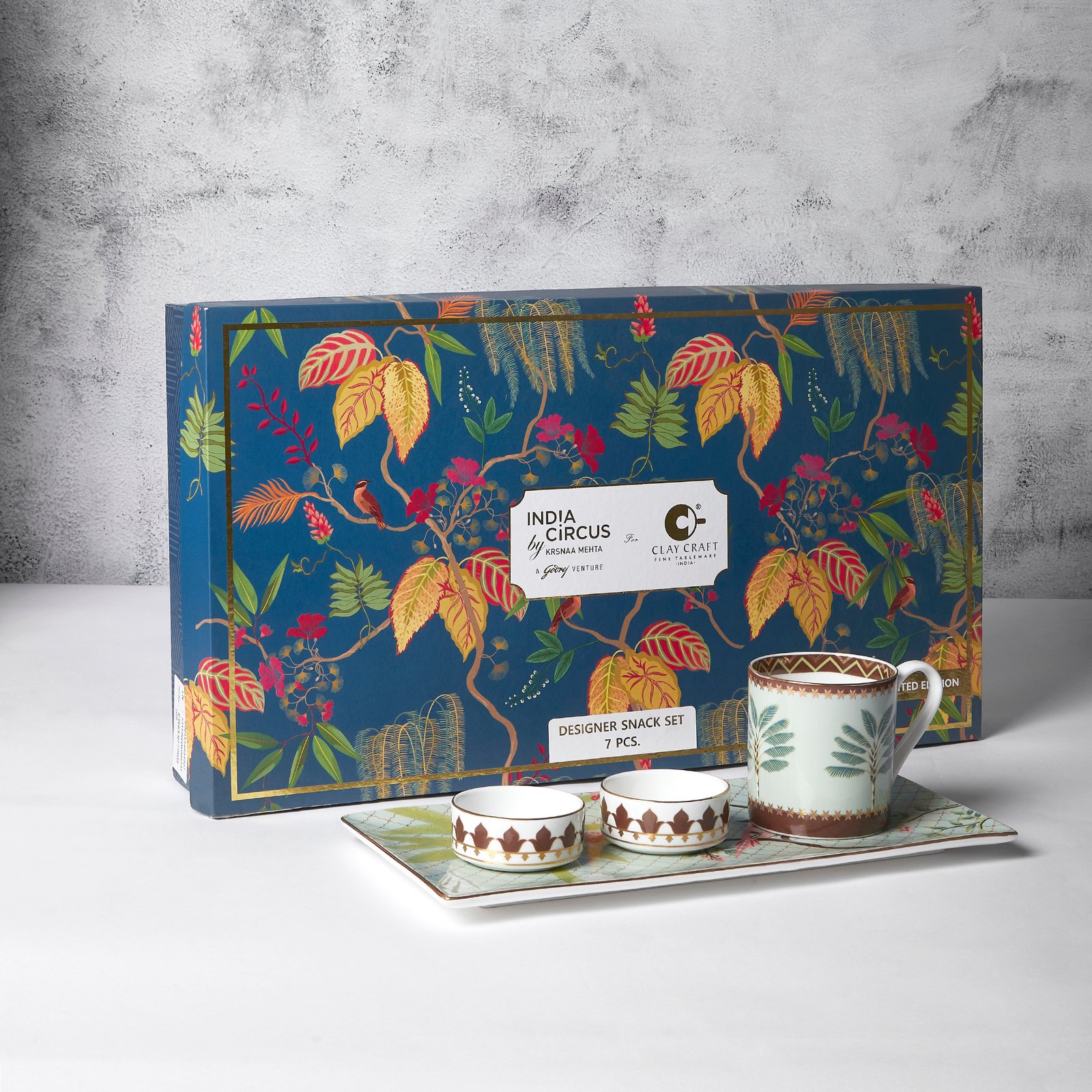 Stacked from 9 images. Method=B (R=8,S=4) India Circus Snack Set - with Tea, Coffee Mugs and Snack Platter with Dip Bowl Set for Snacks, Hot Drinks, Gifting. Set of 7 pcs, Grandeur Greens - Image 1