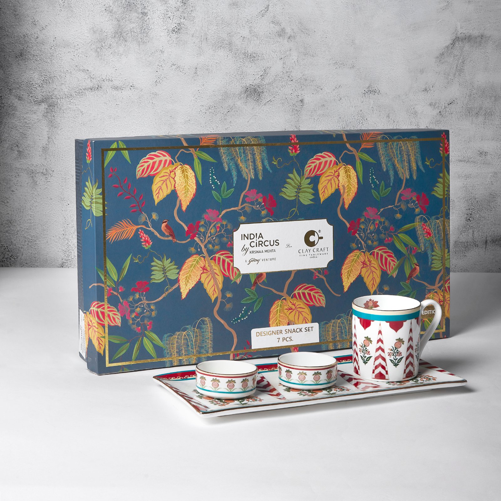 Stacked from 7 images. Method=B (R=8,S=4) India Circus Snack Set - with Tea, Coffee Mugs and Snack Platter with Dip Bowl Set for Snacks, Hot Drinks, Gifting. Set of 7 pcs, Blushed Orchard - Image 1