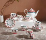 India Circus Tea Set, 15 pieces, 6 Cup 6 Saucer 1 Milk Pot 1 Sugar Pot 1 Tea Pot,  Blushed Orchard