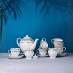 The Wishing Chair Tea Set, 15 pieces, 6 Cup 6 Saucer 1 Milk Pot 1 Sugar Pot 1 Tea Pot, Emerald Ribbon