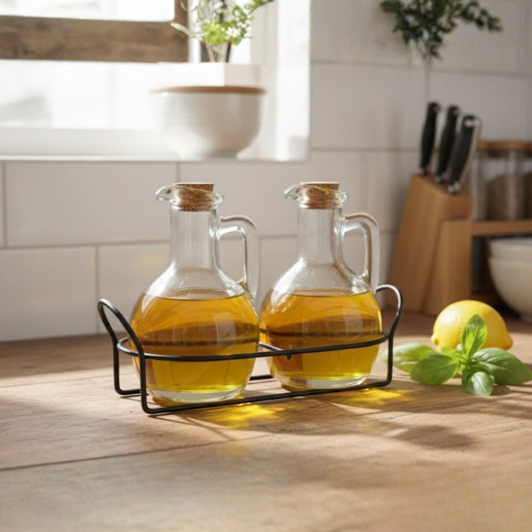Untitled design (49) Kitchen Essential Olive Oil or Vinegar Bottle with Metal Holder and Cork Stoppers, Transparent, 180 ml, Set of 2 - Image 1