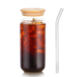 Mason Jars with Bamboo Lids and Straws, 540 ML, For Iced Coffee Cup,Smoothie Cups, Ideal for Bubble Tea, Single Piece, Glass Soda Can Jar