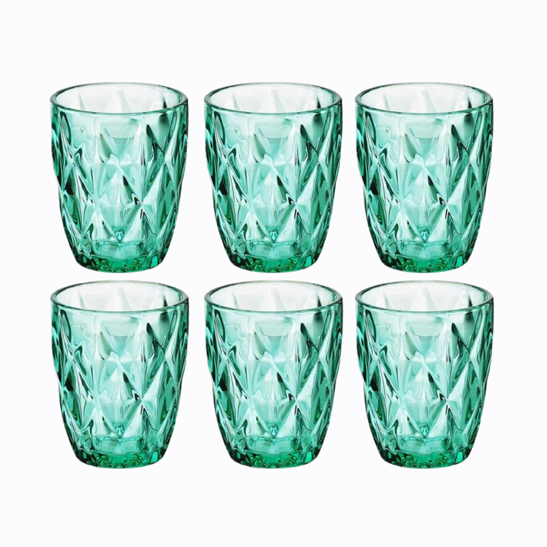 Untitled design (8) Green Colored Crystal Diamond Cut Drinking, Premium Green Transparent Lead Free Glass, 280 ml, Set of 6 - Image 1