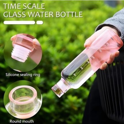 Premium Borosilicate Glass Water Bottle with Time Marker,  500ml, Pink