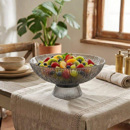 Smoky Grey Ribbed Glass Fruit Bowl, Single Piece