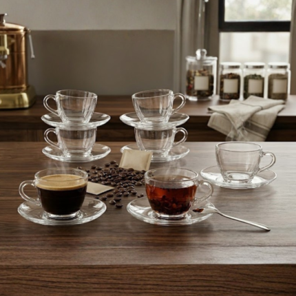 Ocean Cosmo Cup Saucer Set, 230 ml, Set of 12, 6 Cup and 6 Saucers, Transparent