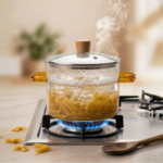 Modern 1600ml Borosilicate Glass Casserole with Amber Handles, Single Piece Packing