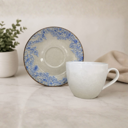 24 piece Clay Craft Digitally Printer Exclusive Ceramic cup and saucer set , Indigo Bloom, 200 ml (12 CUPS + 12 SAUCER)